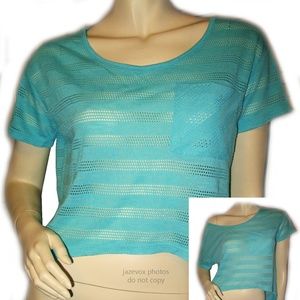 Y2K Chris & Carol Striped High-Low Knit Crop Top Made USA Blue Summer Beach Boho